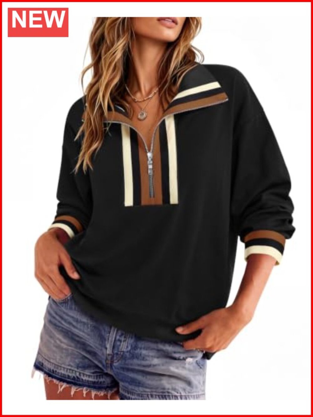 Womens Half Zip Pullover Sweatshirt Striped Mock Neck Color Block Loose Fit